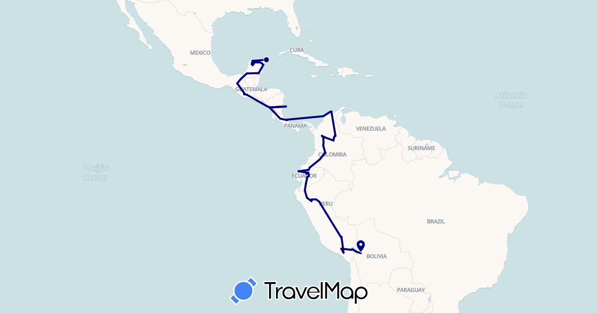 TravelMap itinerary: driving in Bolivia, Colombia, Costa Rica, Ecuador, Guatemala, Mexico, Nicaragua, Peru (North America, South America)